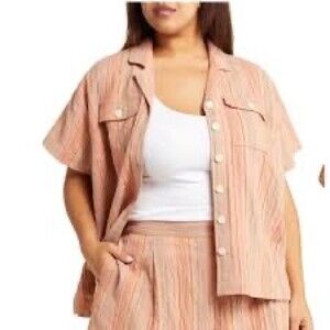 NWT Madewell Stripe Stretch Cotton & Linen Camp Shirt in Ground Clay Size SMALL.